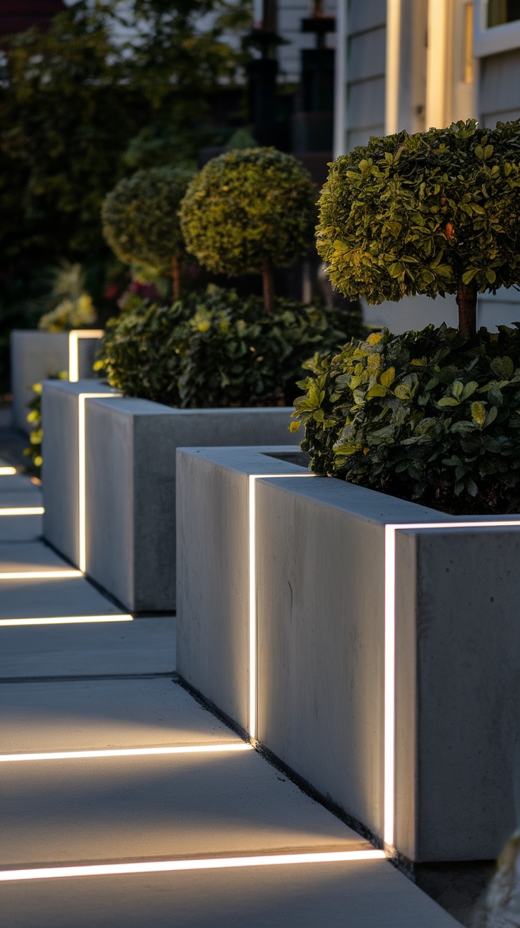 Modern front yard featuring linear lighting and lush greenery in planters