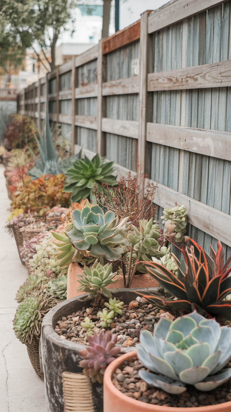 A variety of succulents in pots arranged along a pathway beside a wooden fence.