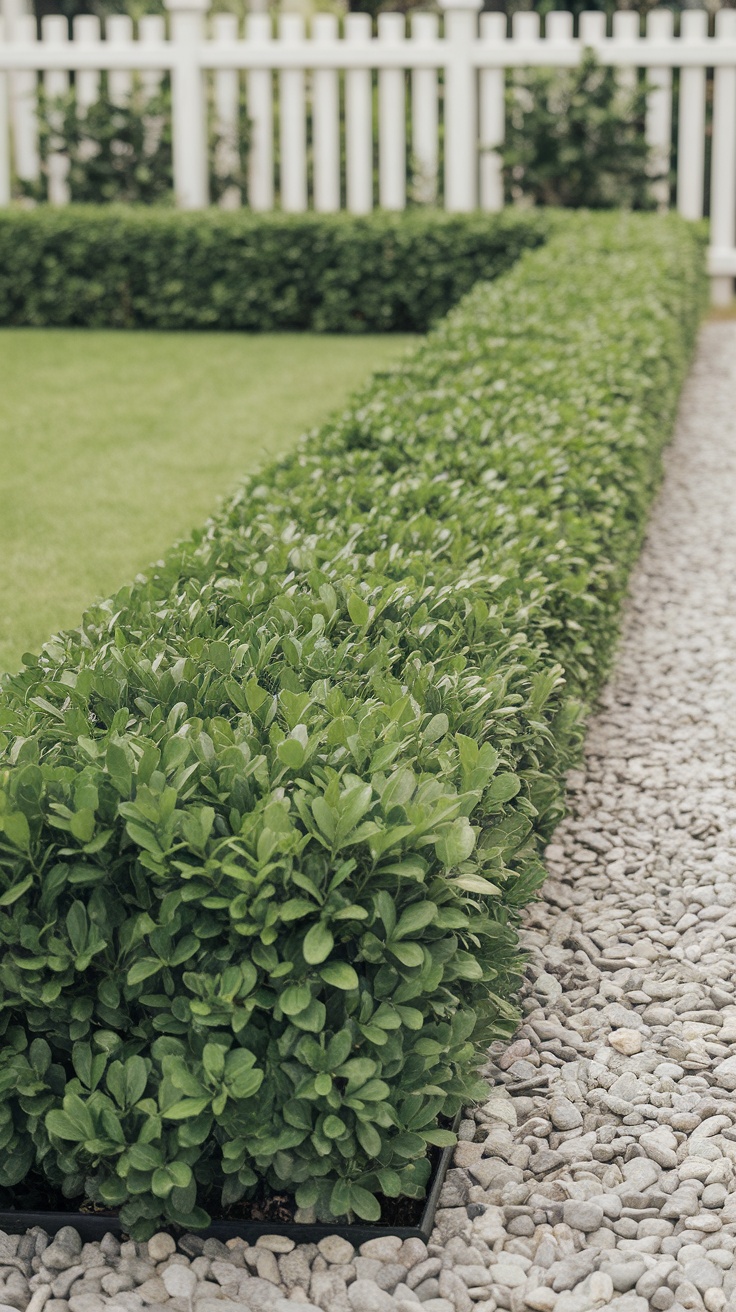 A well-maintained low hedge creating a border in a garden alongside gravel.