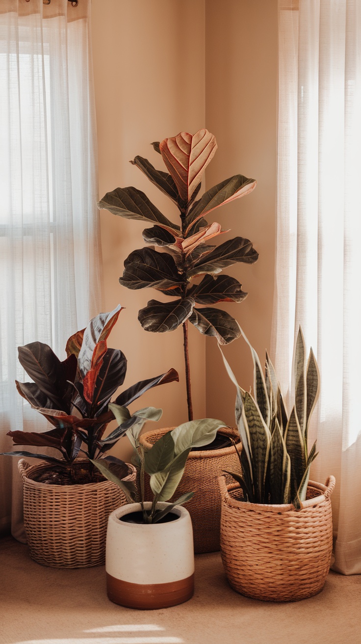 A cozy living room corner with various plants in stylish pots and baskets