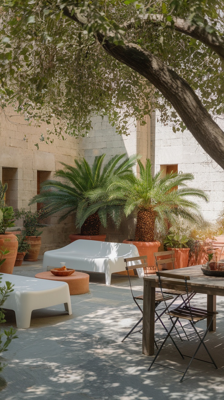 A serene courtyard with seating under a tree canopy, featuring potted plants and a wooden table.