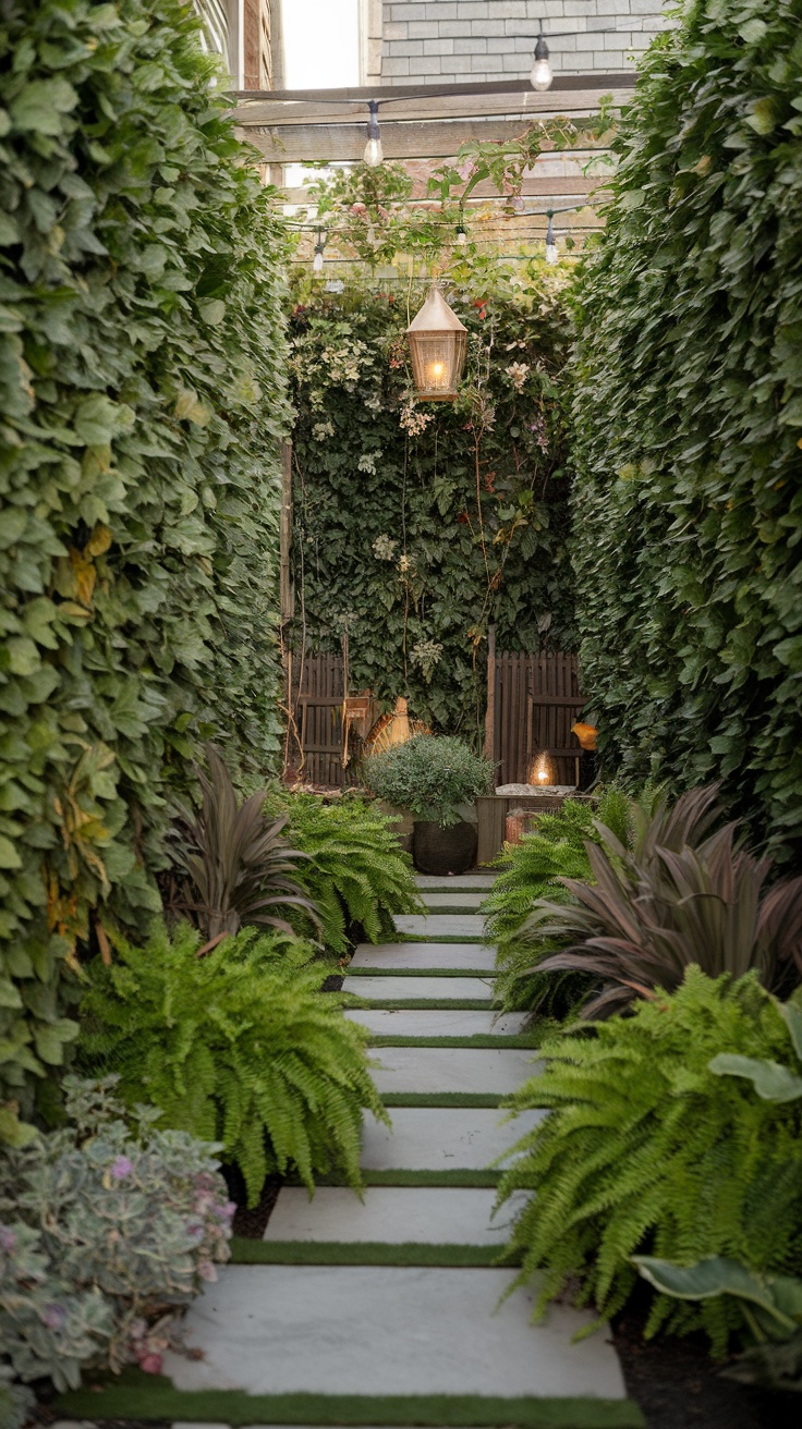 A beautifully landscaped side yard with a stone pathway surrounded by lush greenery and a lantern.