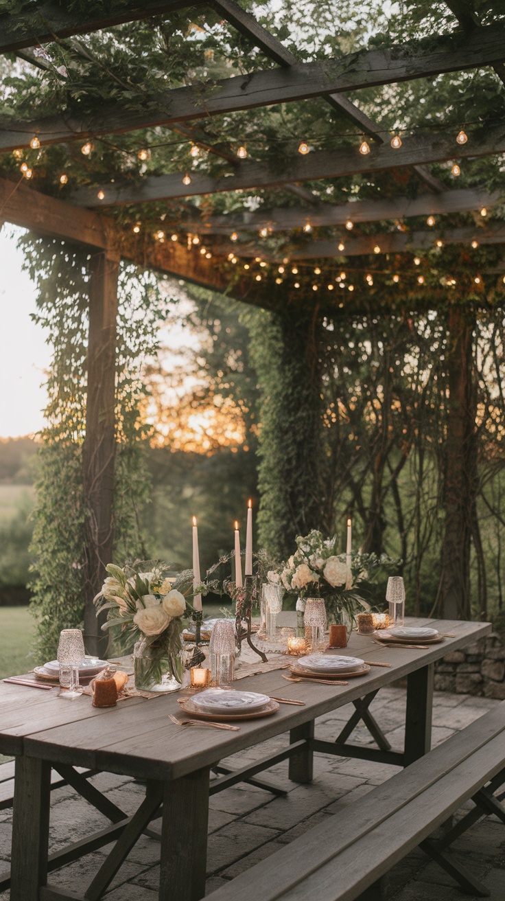 A beautifully arranged dining table under a lush green pergola with flowers, candles, and string lights.