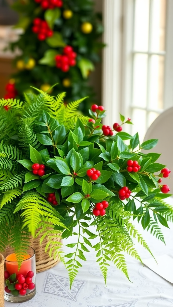 A vibrant arrangement of green leaves and red berries in a basket, placed near a window.