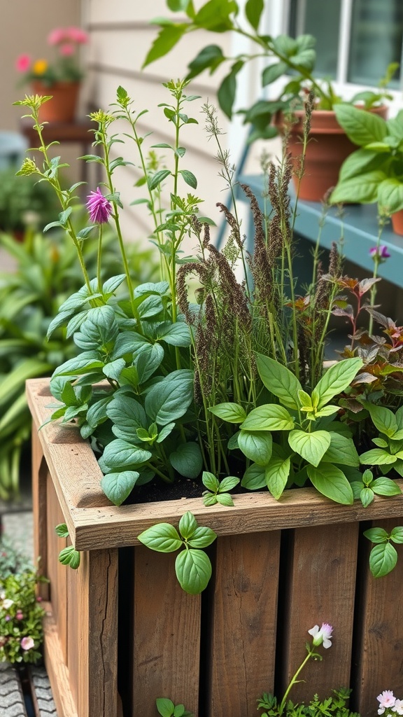 A wooden planter filled with various herbs and plants.