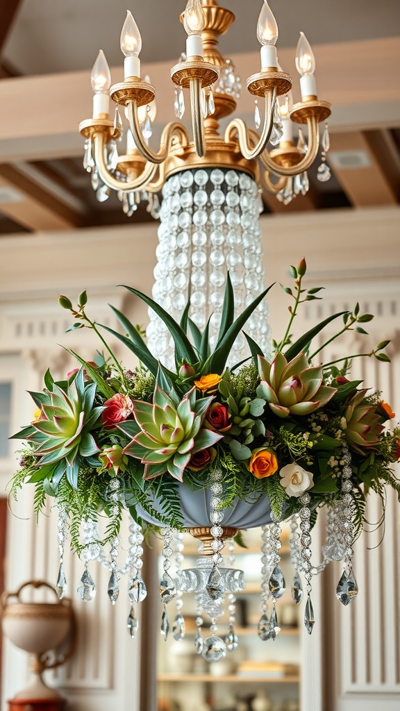 A luxurious chandelier adorned with succulents, flowers, and crystals.