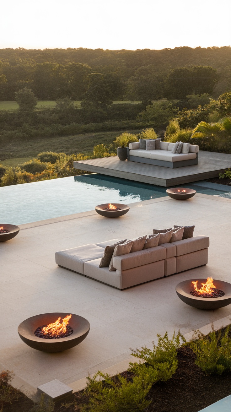 Luxury outdoor patio with infinity pool, modern seating, and fire pits