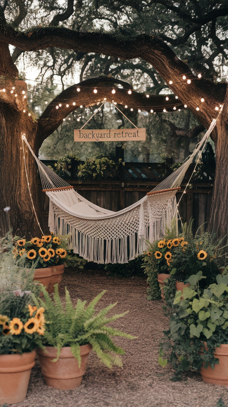 A cozy macrame hammock surrounded by sunflowers in terracotta pots, with string lights above and a sign reading 'backyard retreat'.