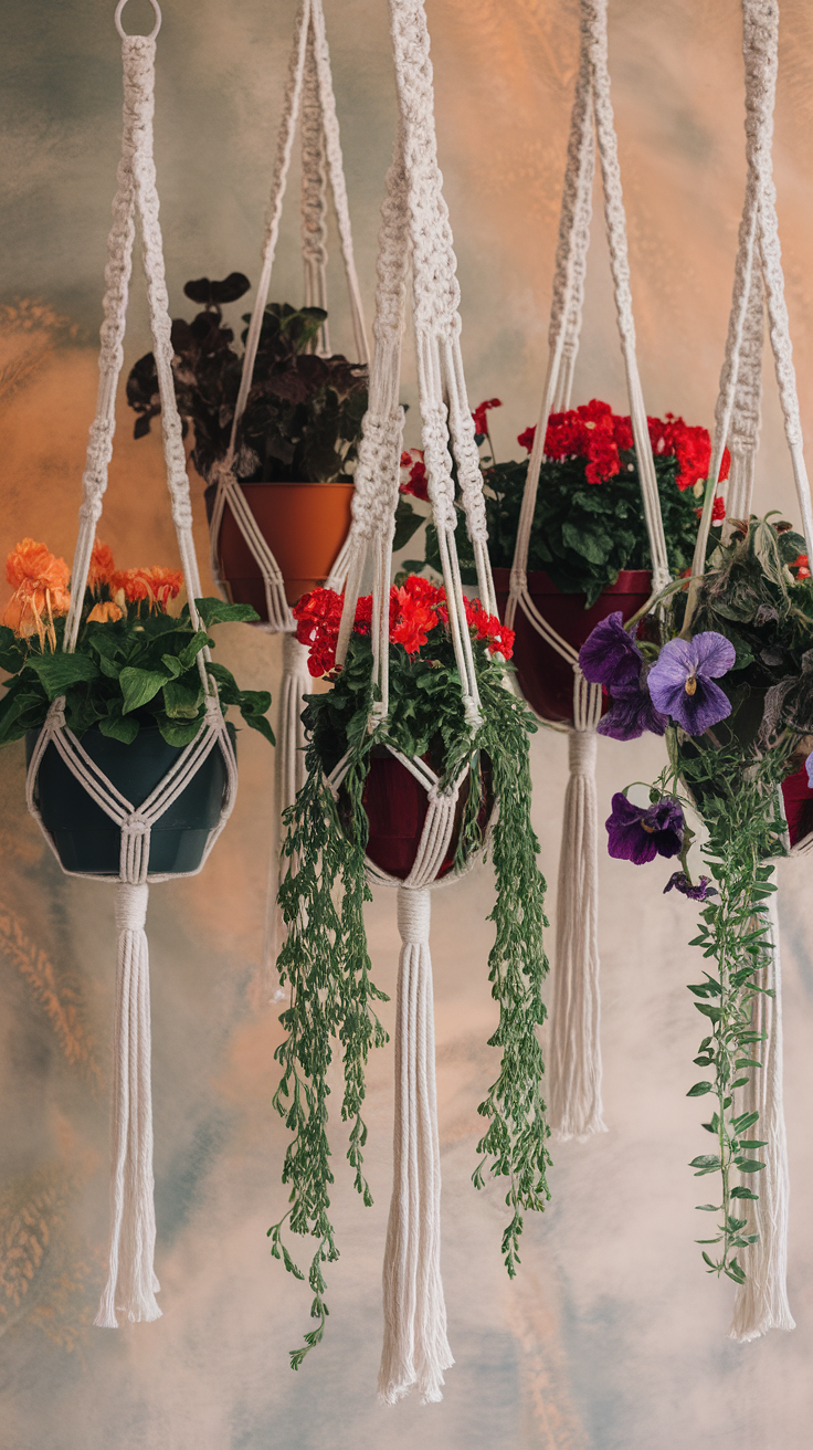 A collection of macrame hanging planters with vibrant flowers and greenery.