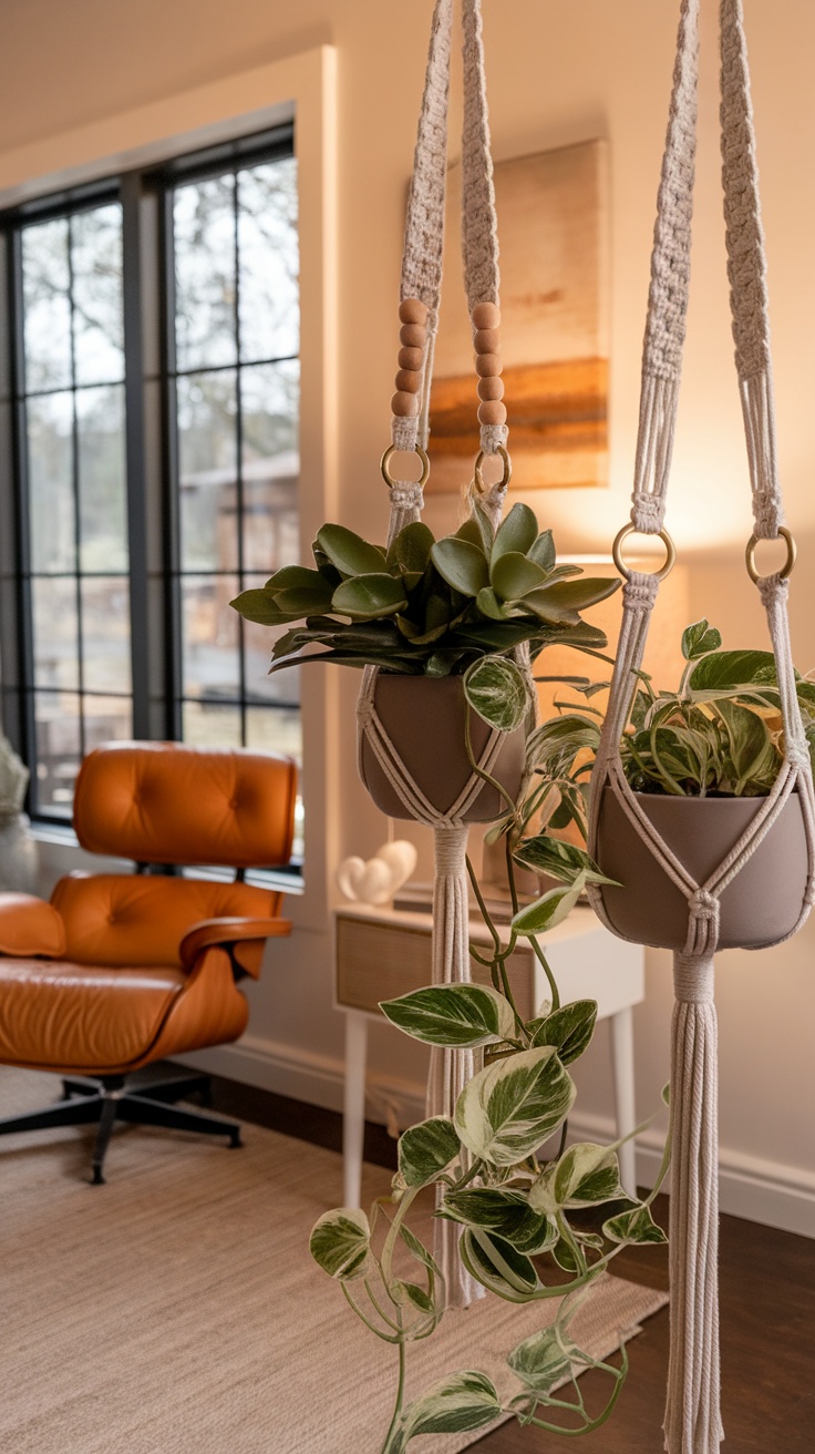 Two macrame plant hangers with metal accents displaying green plants in a cozy living room.