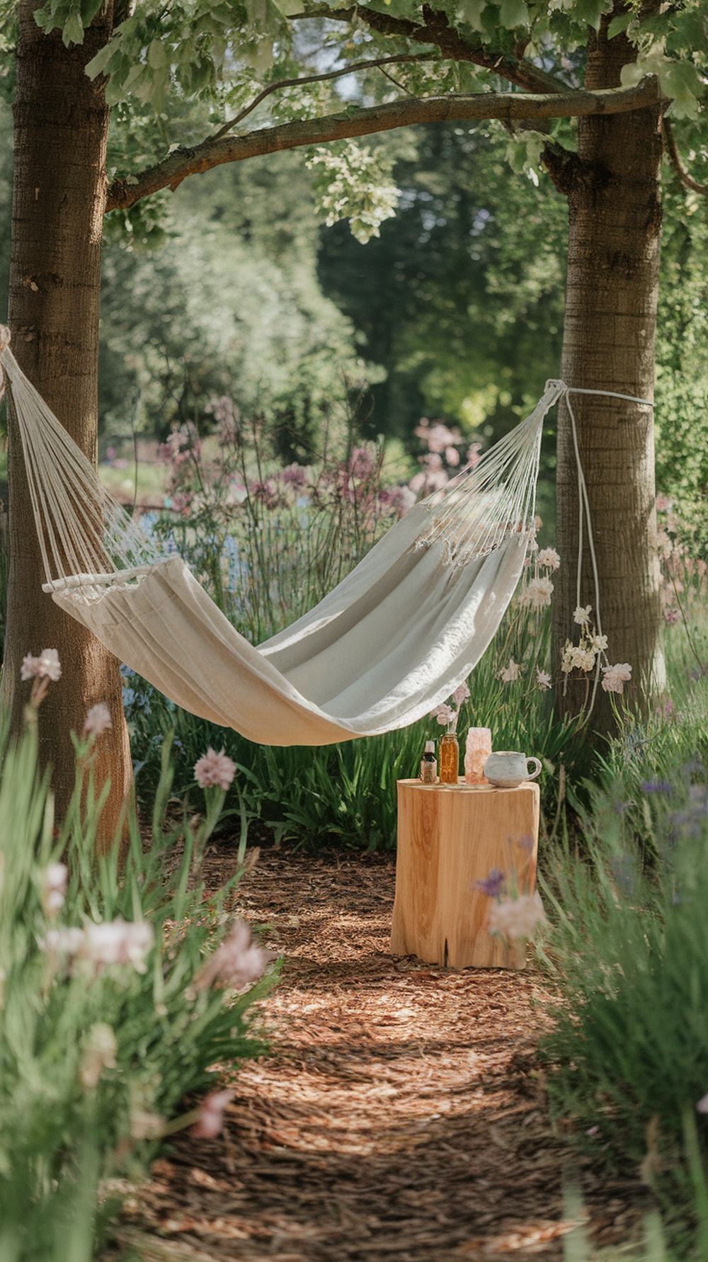 A peaceful meditation hammock set up between two trees in a flower-filled garden