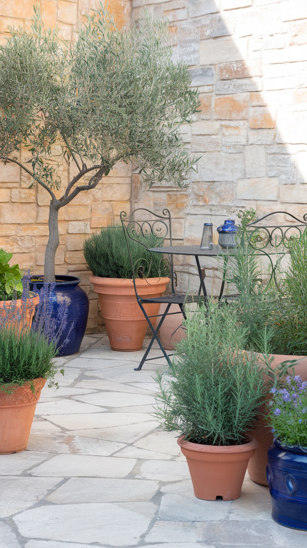 A Mediterranean-inspired corner garden featuring a stone wall, olive tree, and potted herbs.