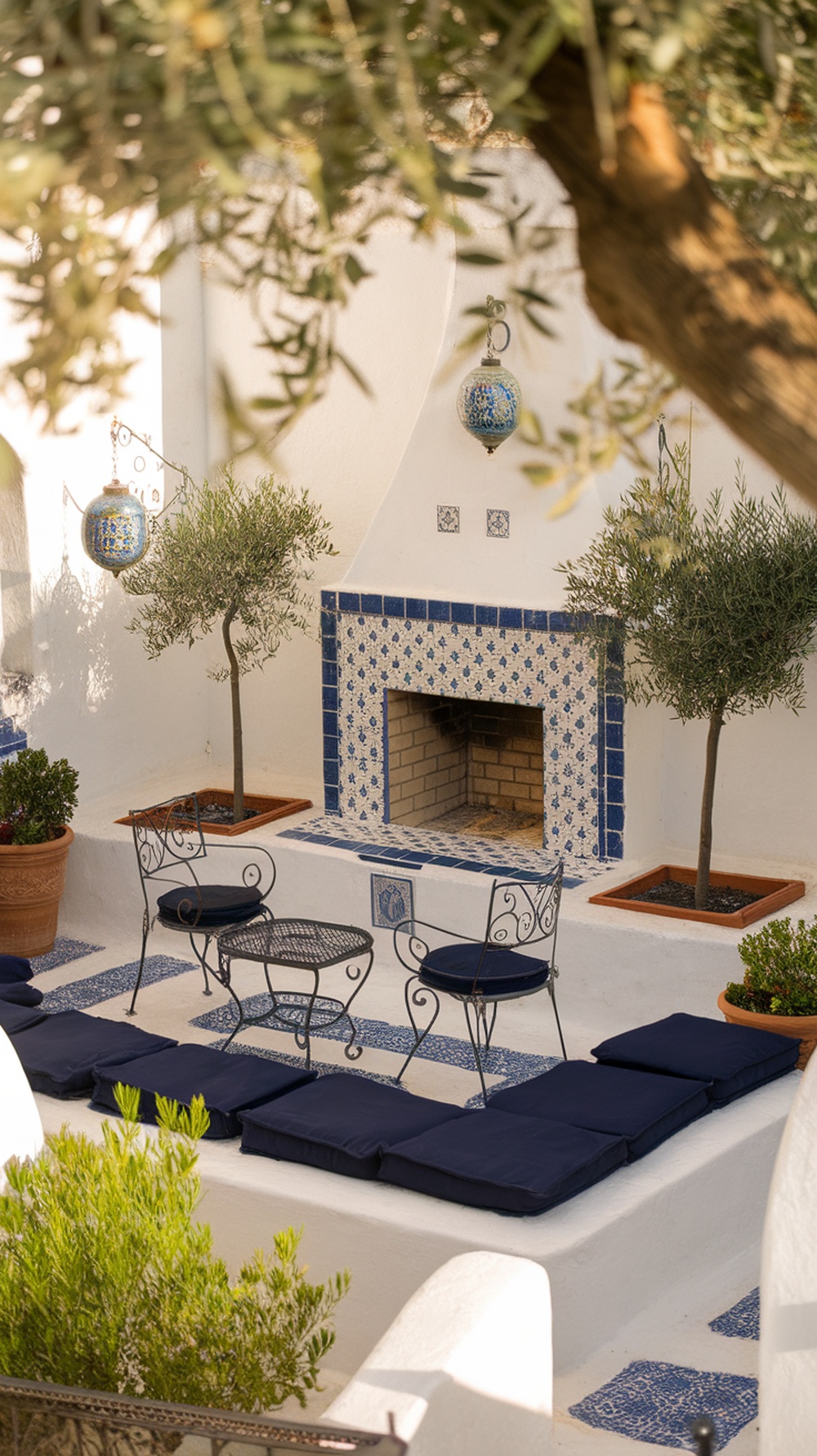 A Mediterranean-style courtyard featuring a blue and white tiled fireplace, wrought iron chairs, and olive trees.