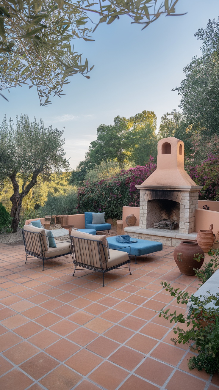 A chic Mediterranean-inspired outdoor patio with comfortable seating, a fireplace, and surrounding greenery.