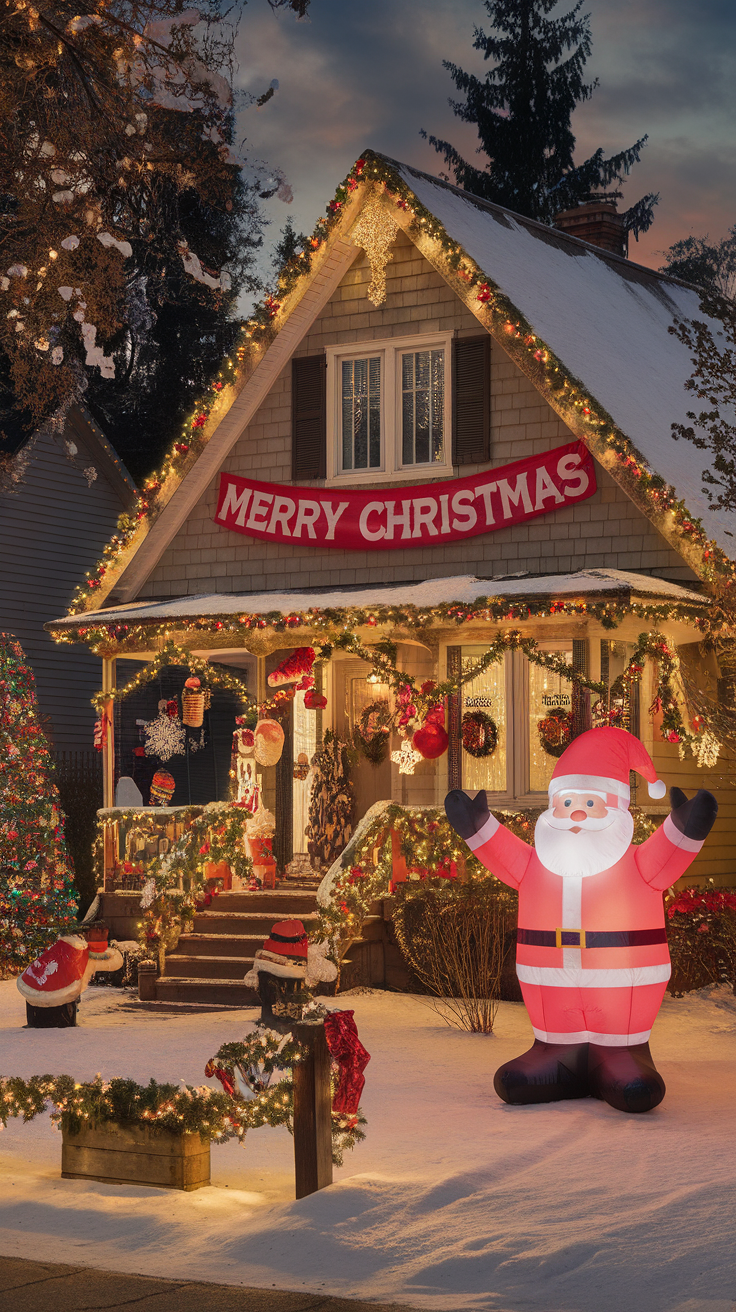 A beautifully decorated house with a 'Merry Christmas' banner, lights, and a large inflatable Santa in the snow.