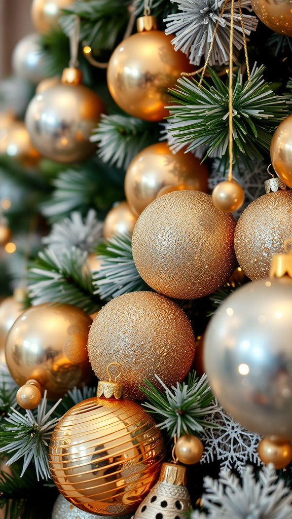 Close-up of a decorated Christmas tree with gold and silver ornaments.