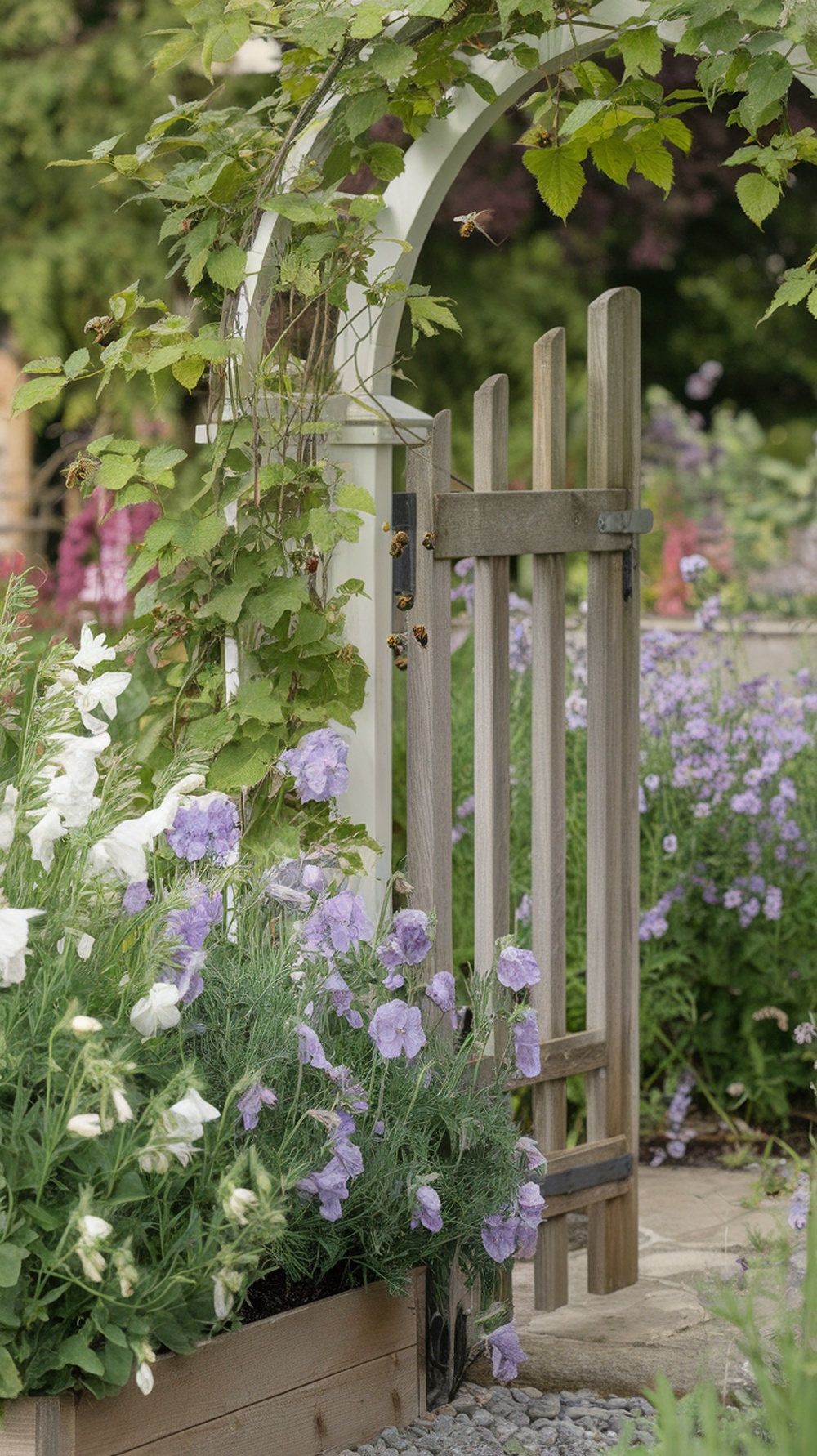 A charming garden gate with wooden structure surrounded by flowers and greenery.