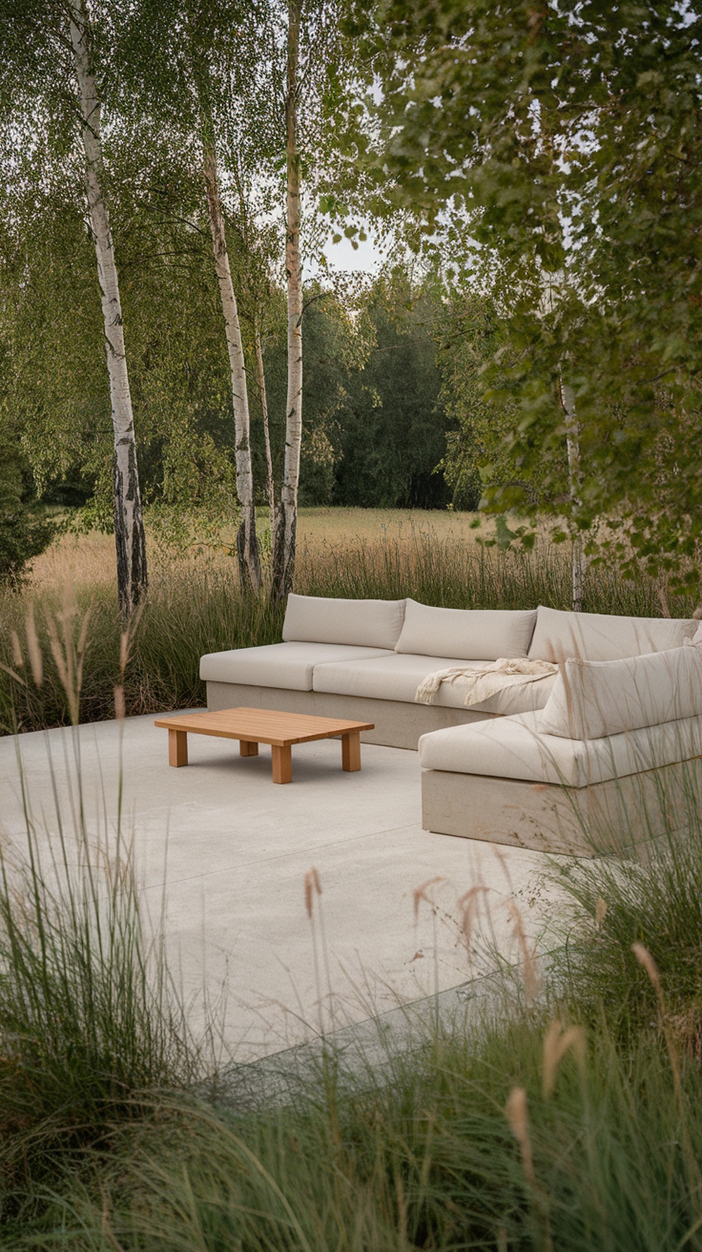 A minimal outdoor lounge area featuring a sectional sofa and wooden coffee table surrounded by tall grasses and birch trees.
