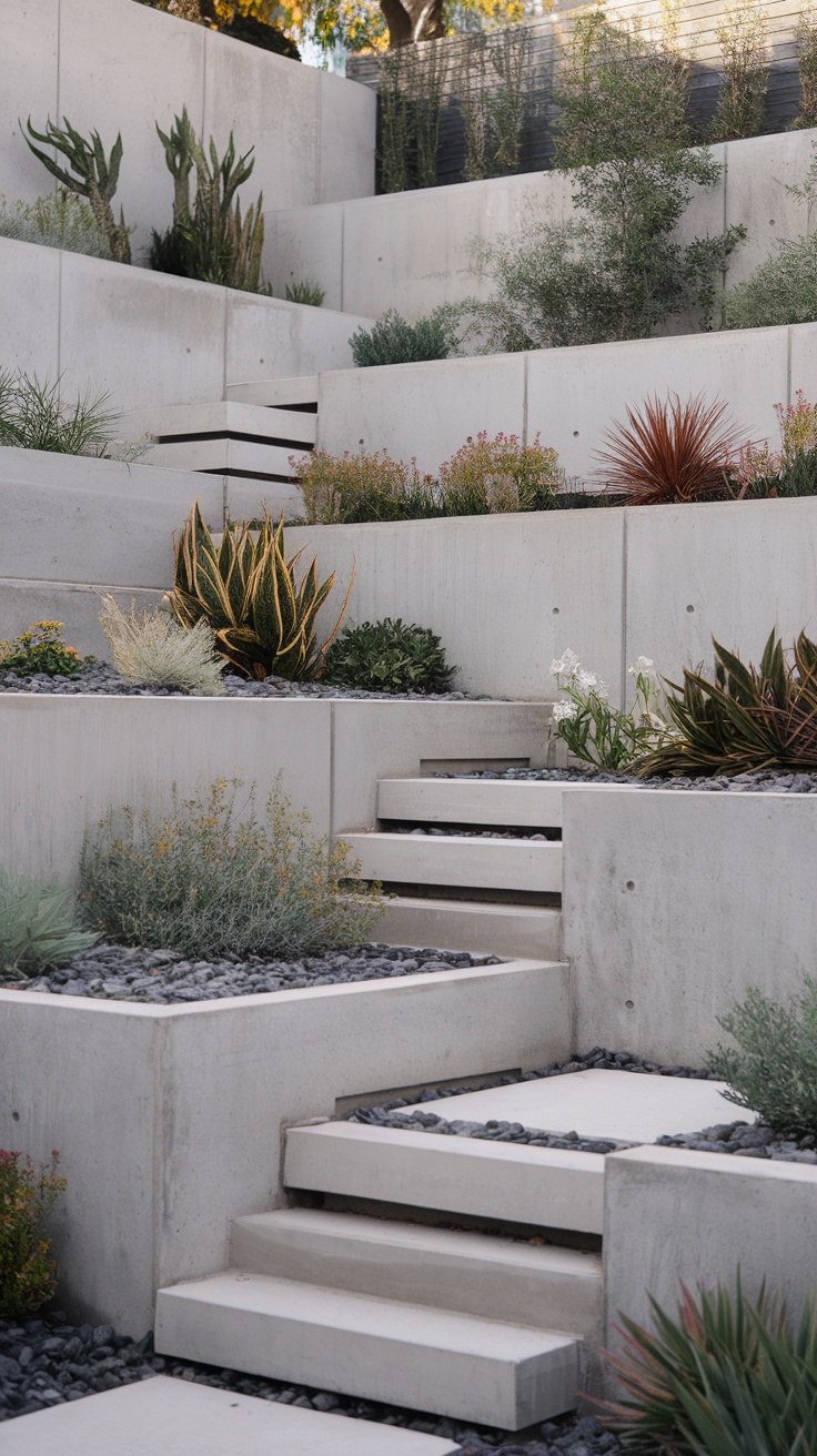 A minimalist sloped yard design with concrete steps and various plants.