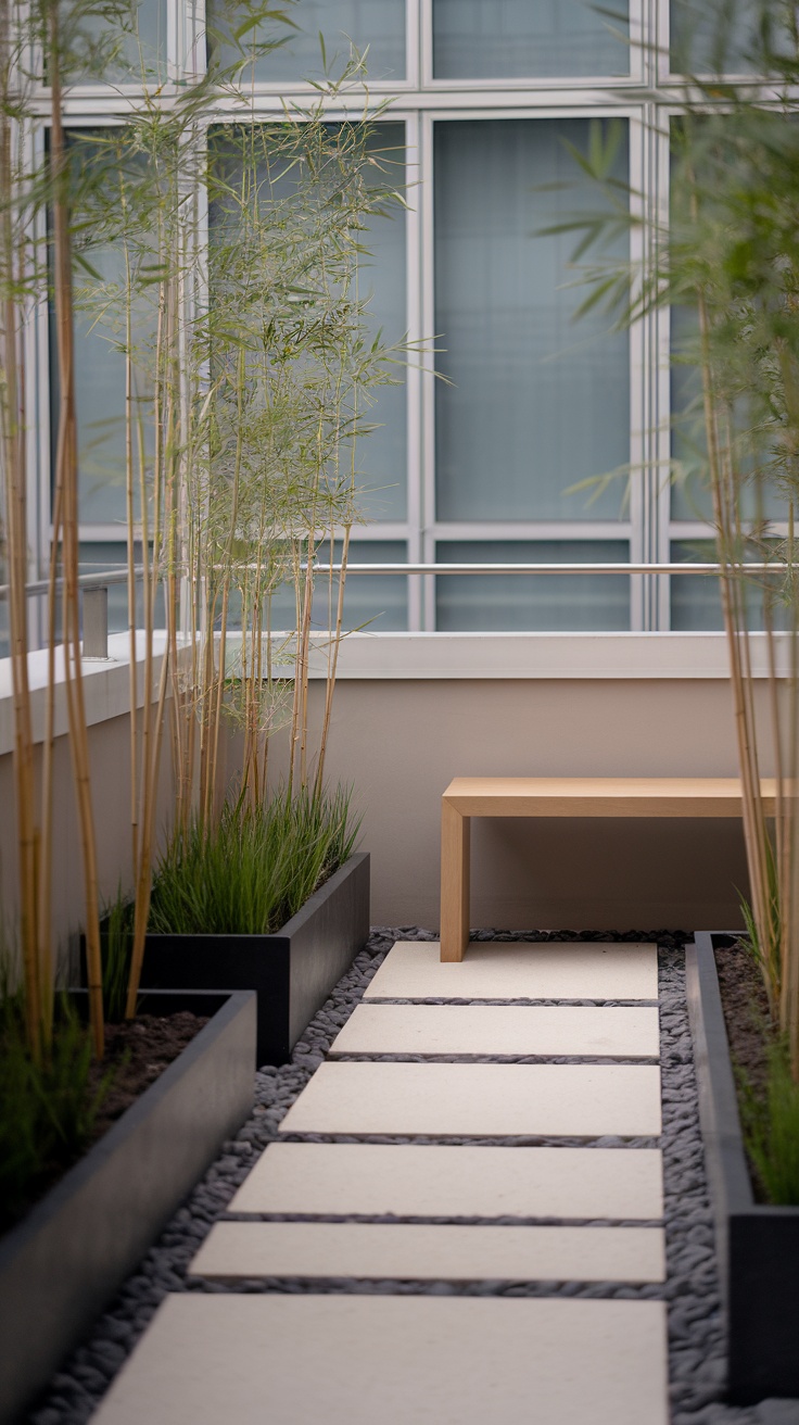 A minimalist balcony garden featuring bamboo plants, stone pathway, and wooden bench.