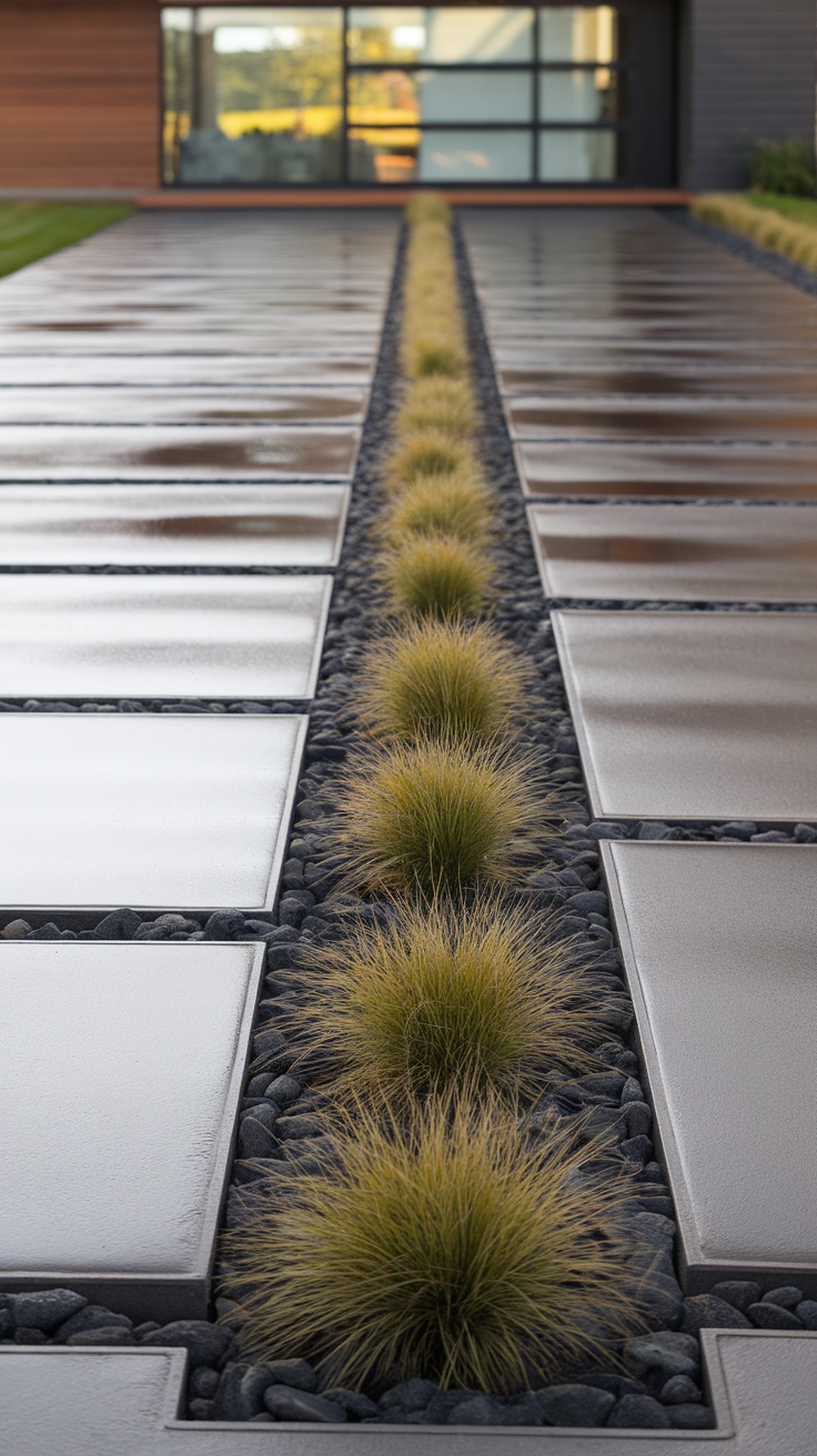 A minimalist concrete driveway featuring large slabs and lush linear plants between them