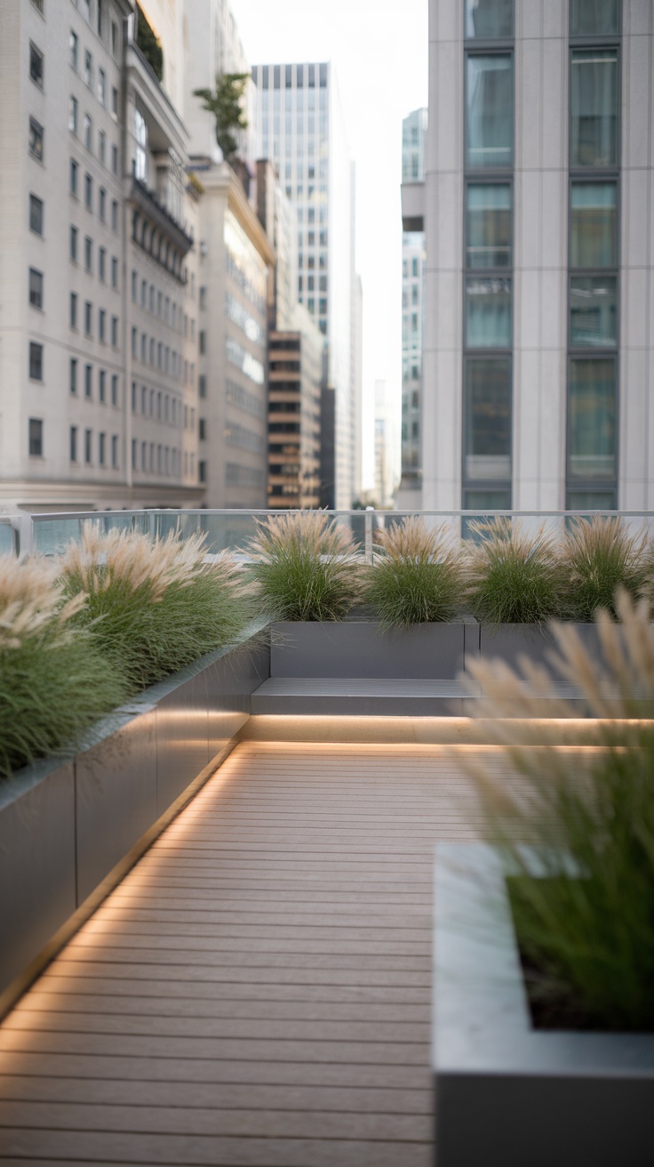 A sleek balcony garden with wooden decking, modern metal planters, and lush grasses.