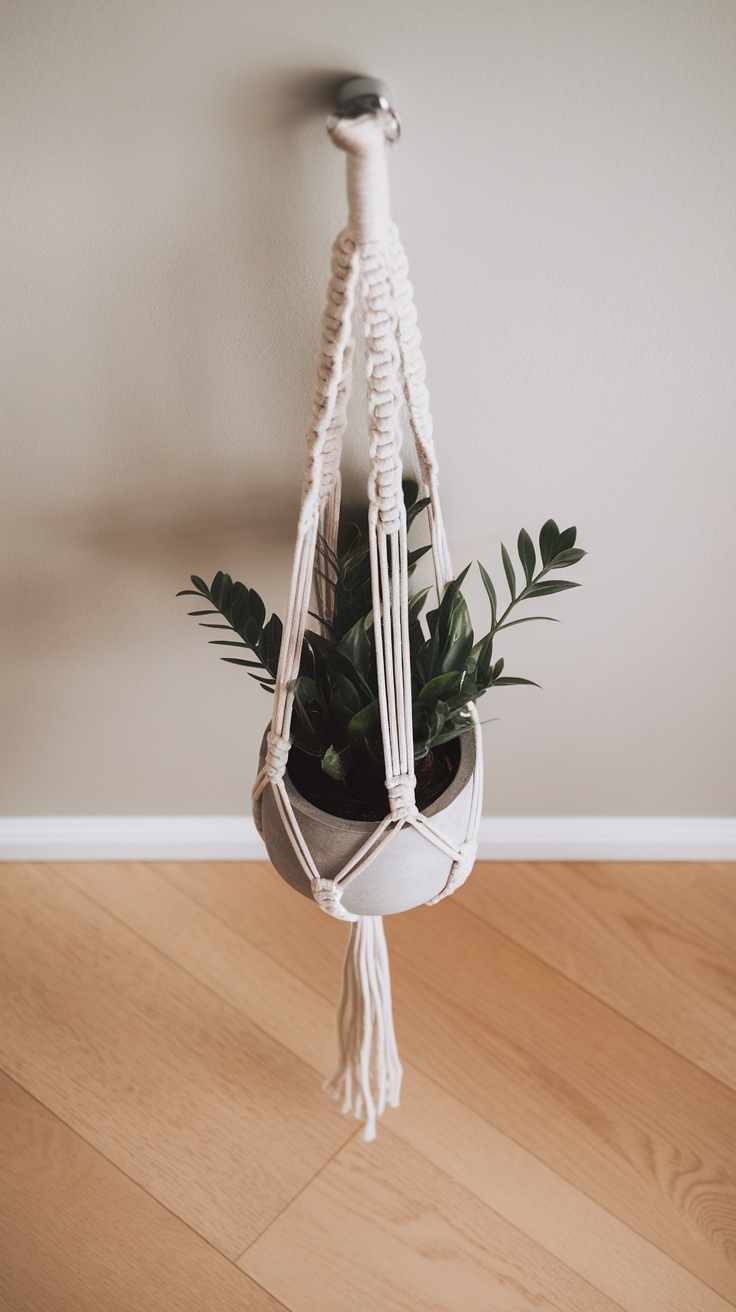 A minimalist Scandinavian macrame plant hanger with a green plant in a concrete pot, hanging from a wall.