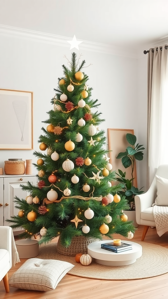 A beautifully decorated minimalist Christmas tree with soft colored ornaments and a star on top.