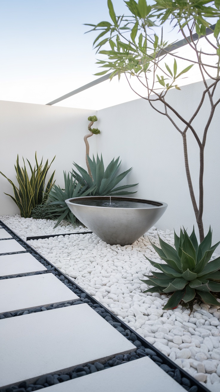 A minimalist garden featuring white pebbles, a modern water fountain, and various plants.