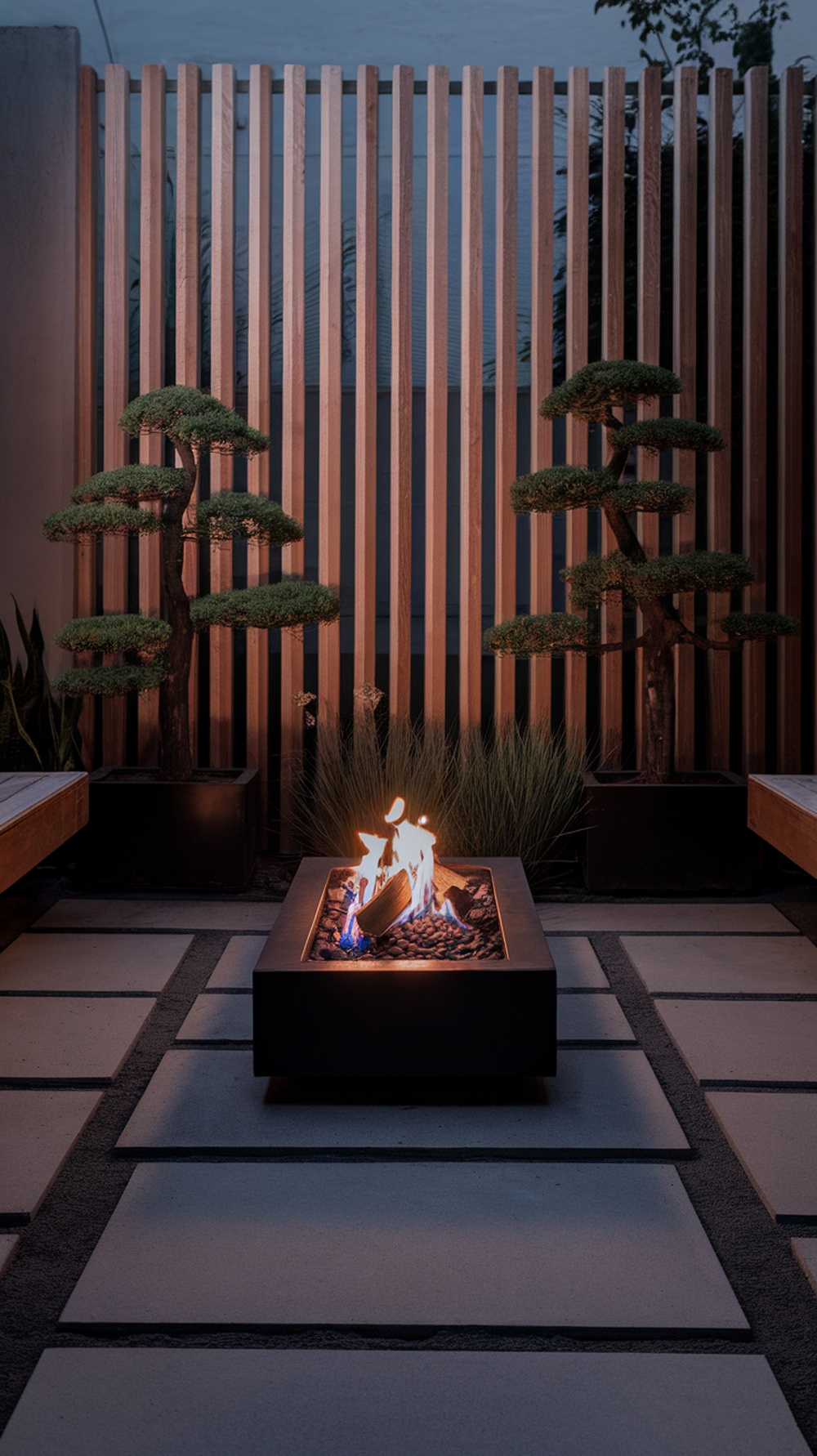 A minimalist outdoor space featuring a sleek fire pit surrounded by bonsai trees and a wooden slat wall.