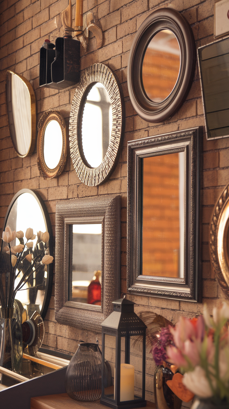 A collection of various mirrors on a brick wall, creating an eclectic display with flowers and decor.