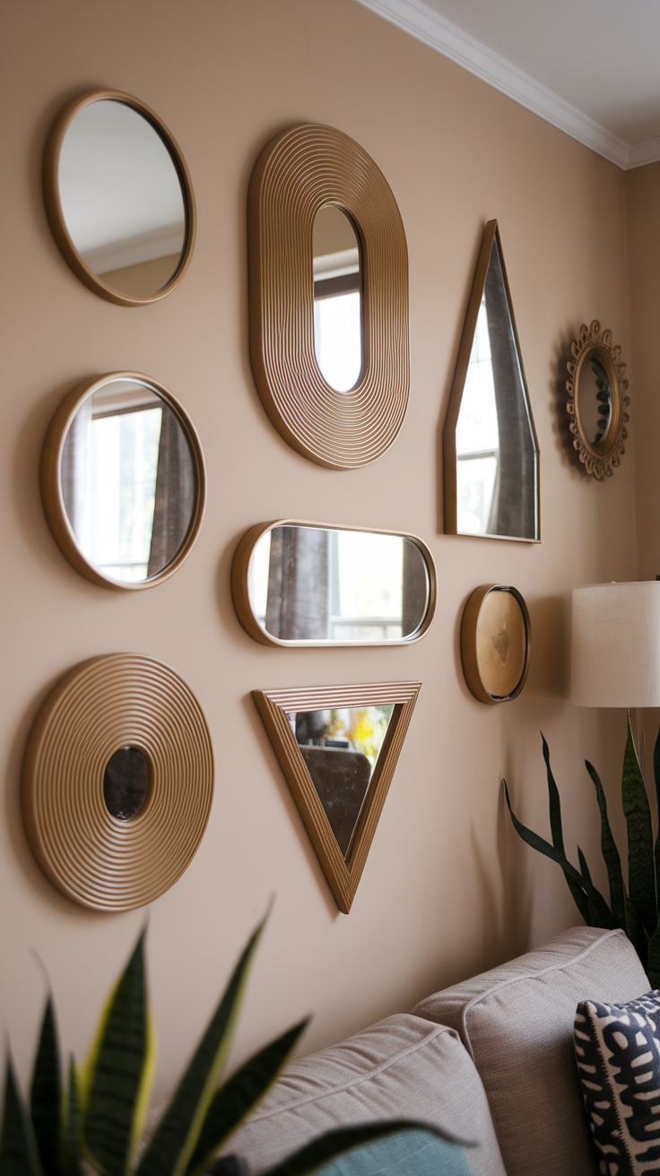 A collection of decorative mirrors in various shapes and sizes on a wall.