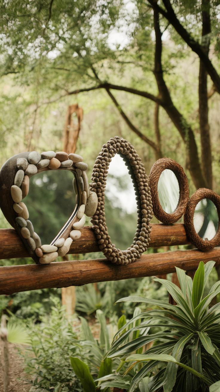 Three mirrors framed with natural elements like stones and woven materials, placed against a wooden fence surrounded by greenery.