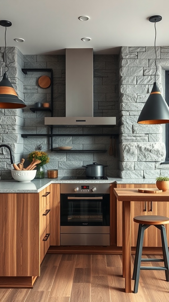 A modern kitchen featuring wooden cabinets, stone walls, and sleek metal accents.
