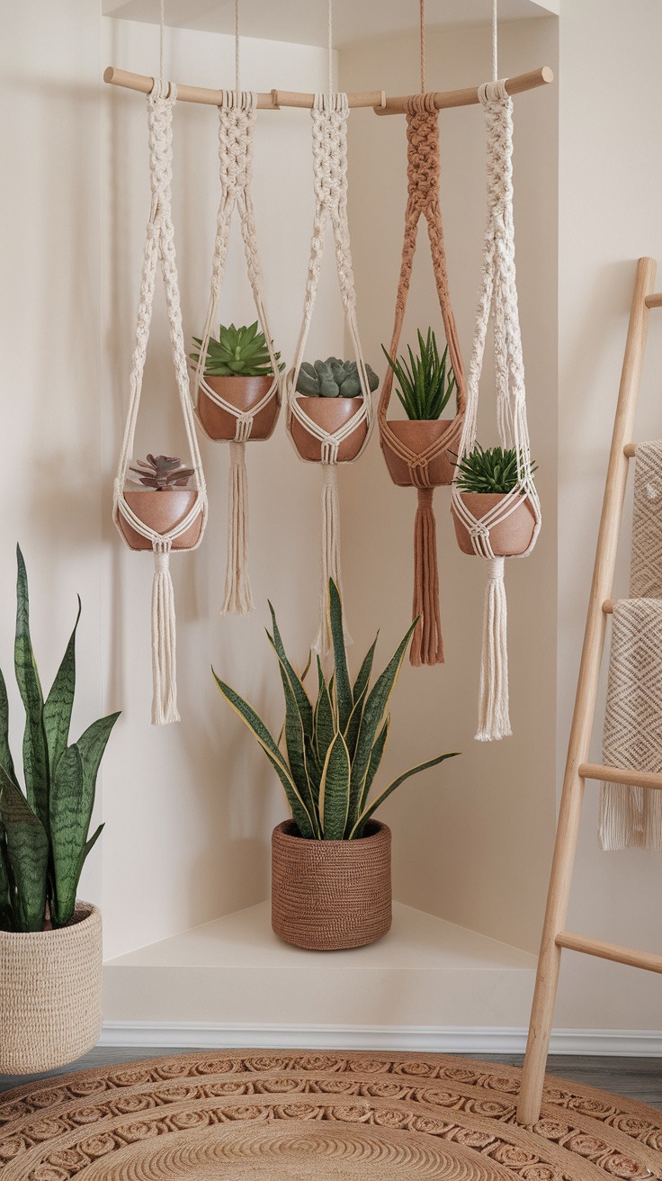 A collection of macrame plant hangers displaying various plants, set in a modern interior.