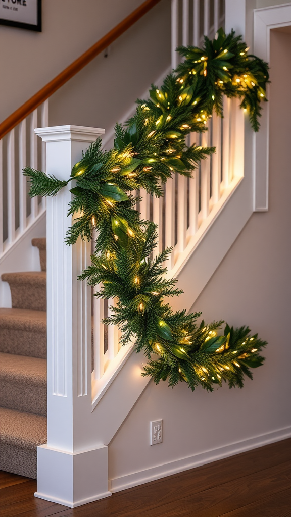 A beautifully decorated staircase with a green garland adorned with lights.