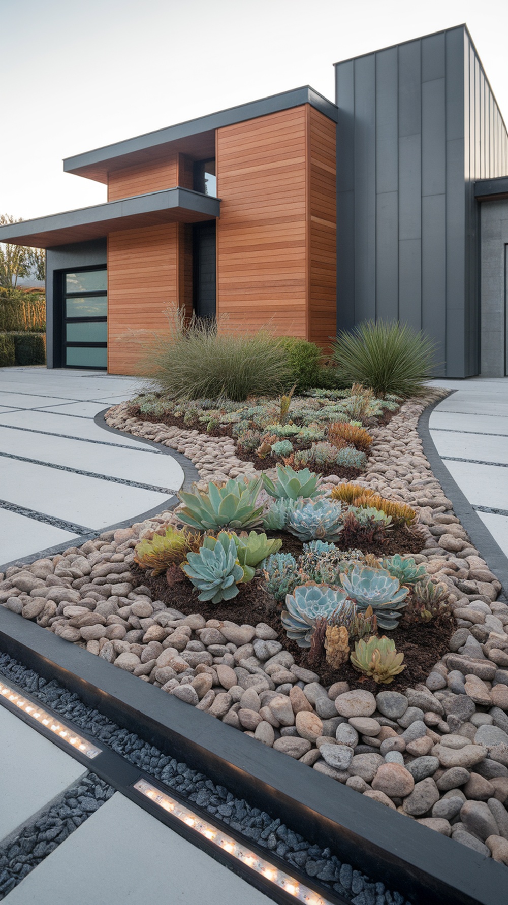 A modern front garden featuring a succulent landscape with textured rocks, sleek concrete pathways, and integrated lighting.