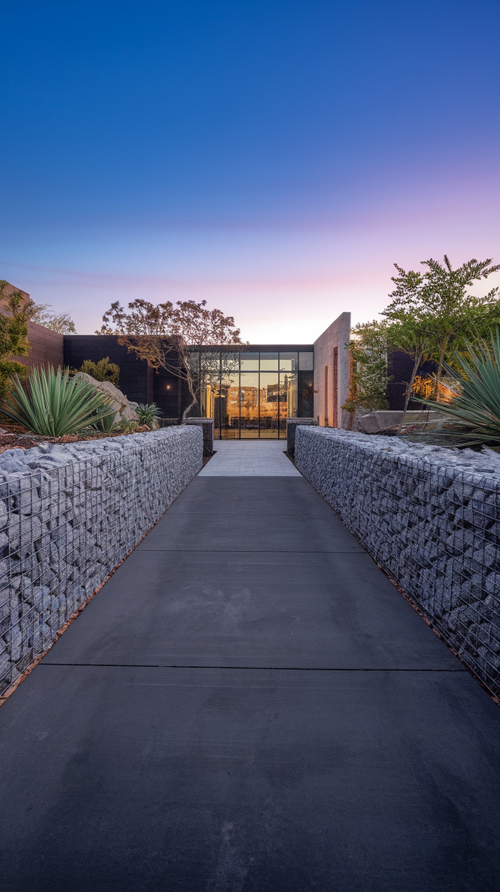 Modern driveway featuring gabion walls and a sleek concrete path leading to a contemporary home.