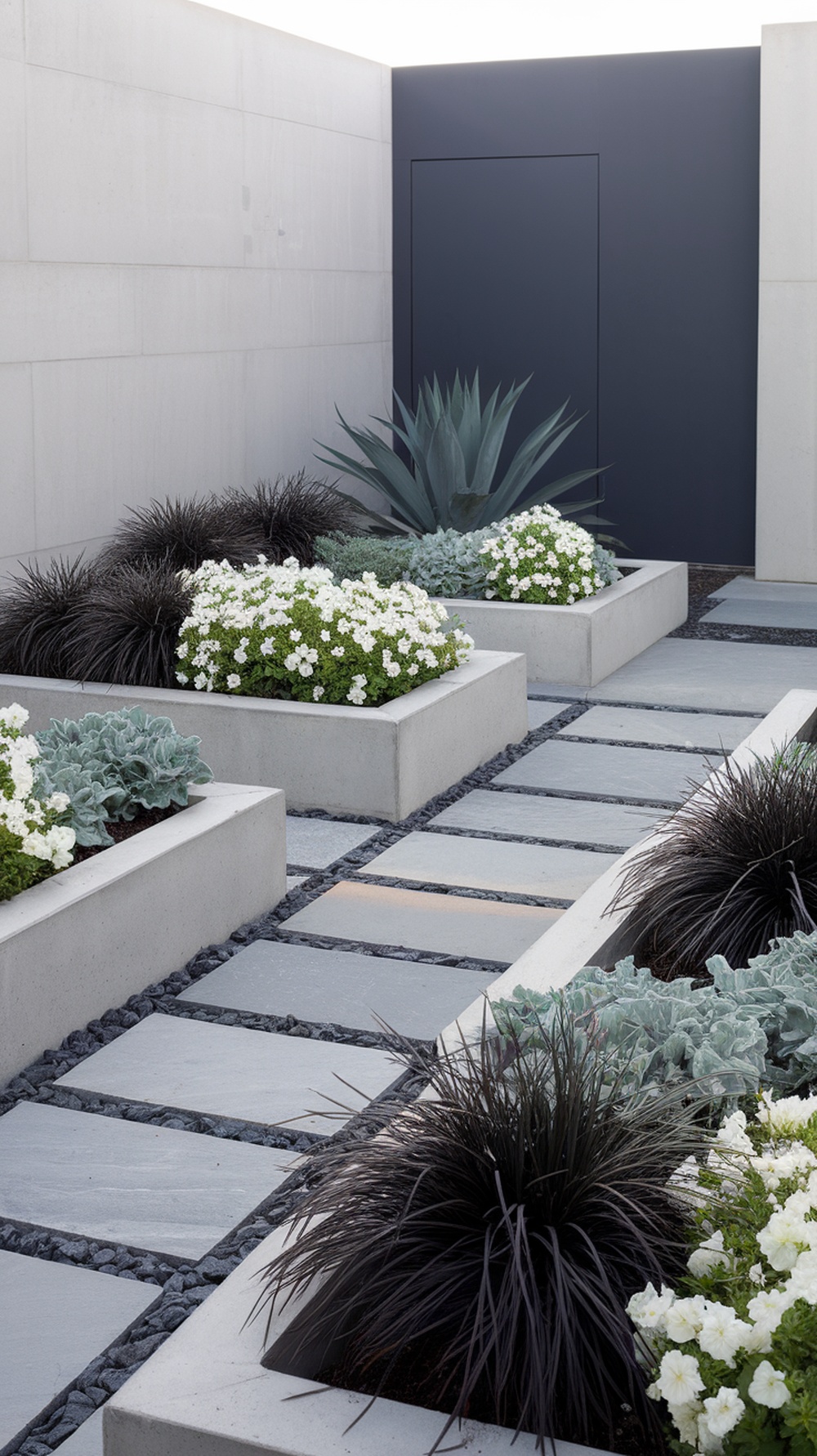 A modern minimal front entry with concrete planters filled with white flowers and dark grasses, featuring a stone pathway.