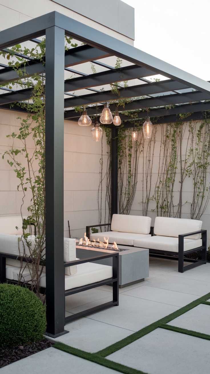 A modern minimalist pergola with a metal frame, white seating, and hanging lights.