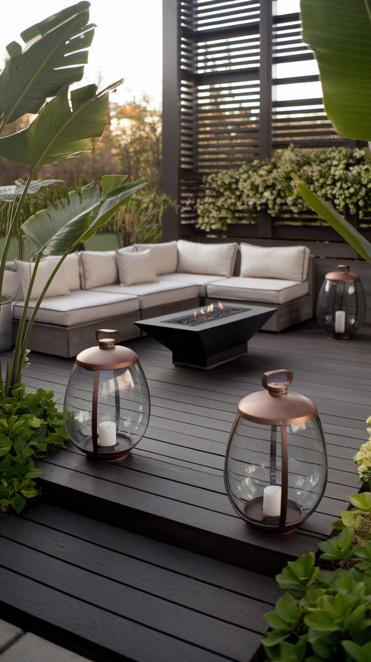 Modern patio with a sectional sofa, fire pit, and decorative lanterns surrounded by plants.