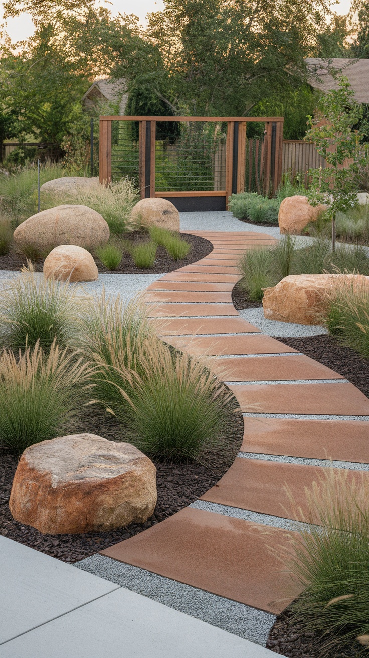 A modern prairie-style front yard with a winding path, large stones, fluffy grasses, and a wooden gate surrounded by greenery.