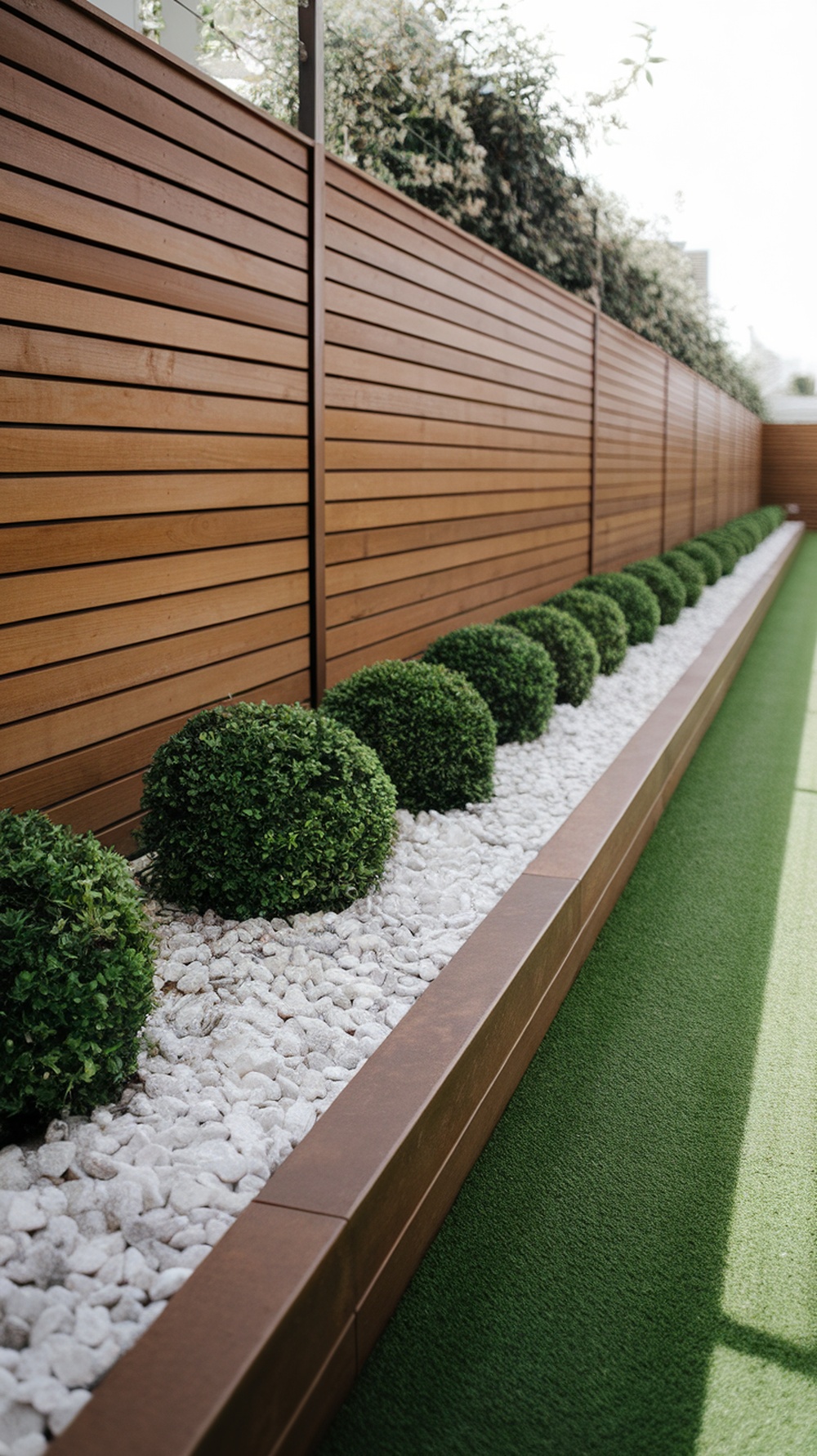 A modern garden with raised timber edging, boxwood shrubs, and white gravel.