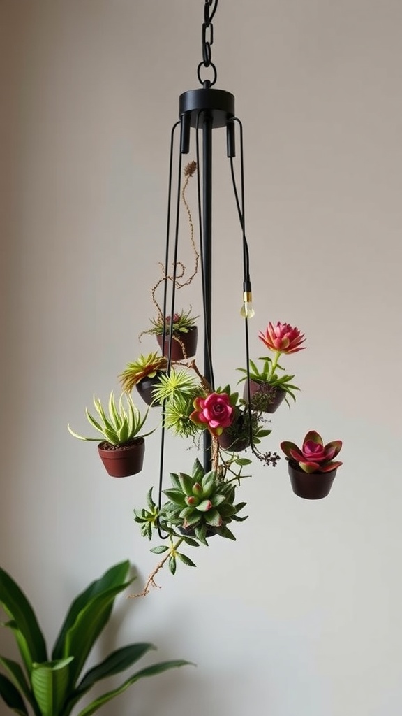 A modular succulent chandelier featuring various succulents in pots, suspended from a black frame.