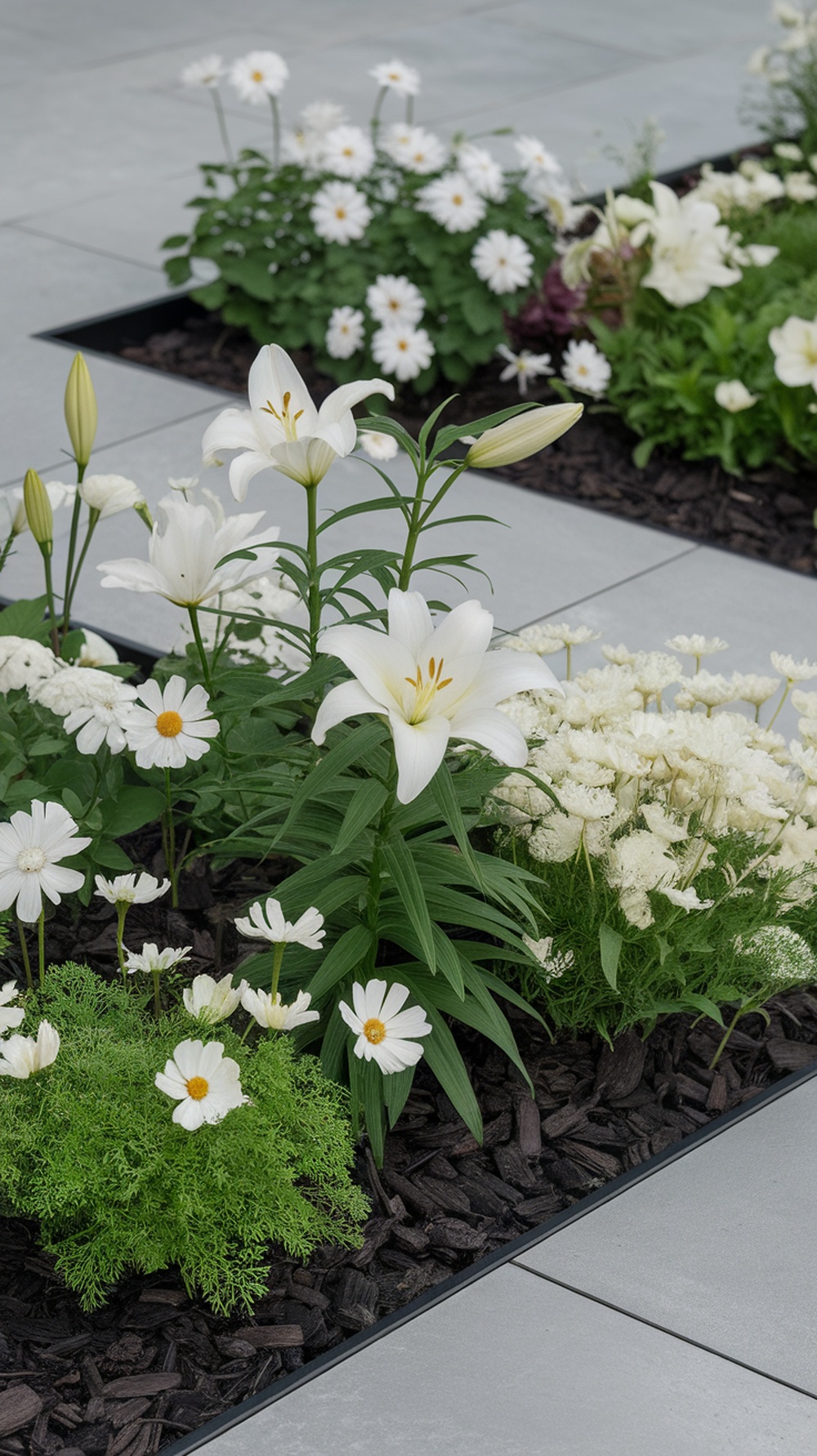 A beautiful monochrome flower garden featuring white lilies and daisies surrounded by dark mulch and gray pavers.