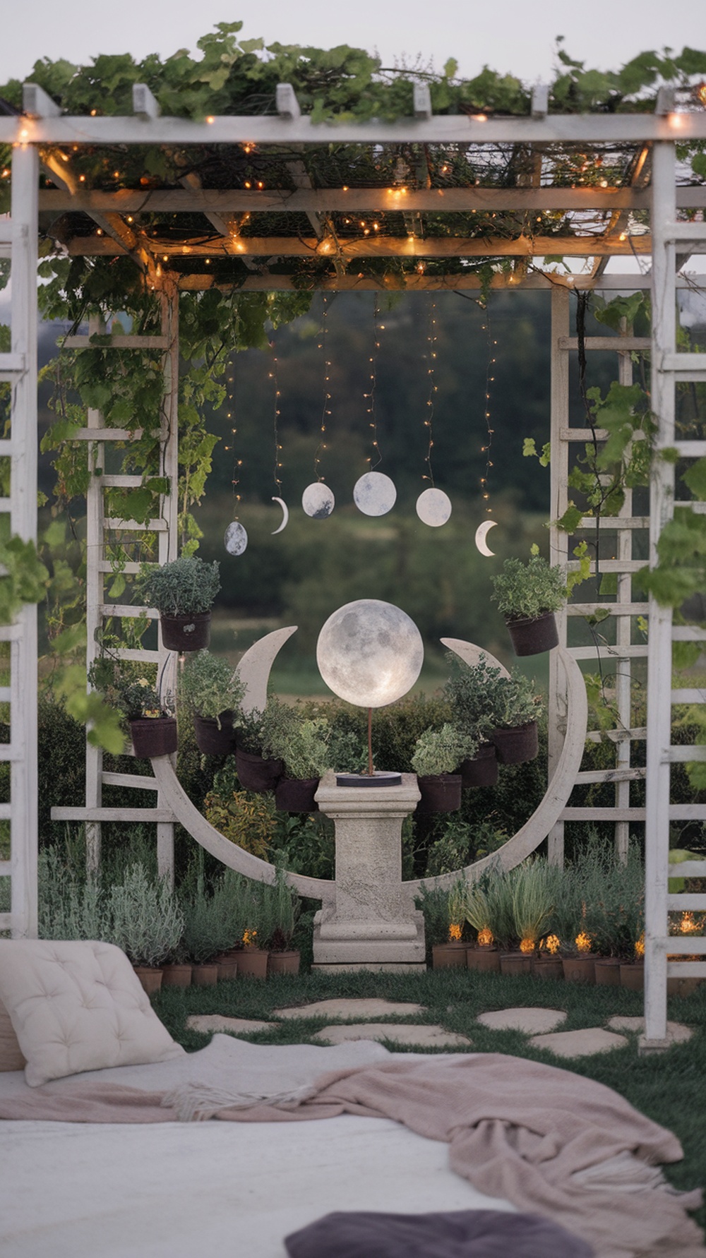 A serene moon phase pergola garden with plants, moon decorations, and soft lighting.