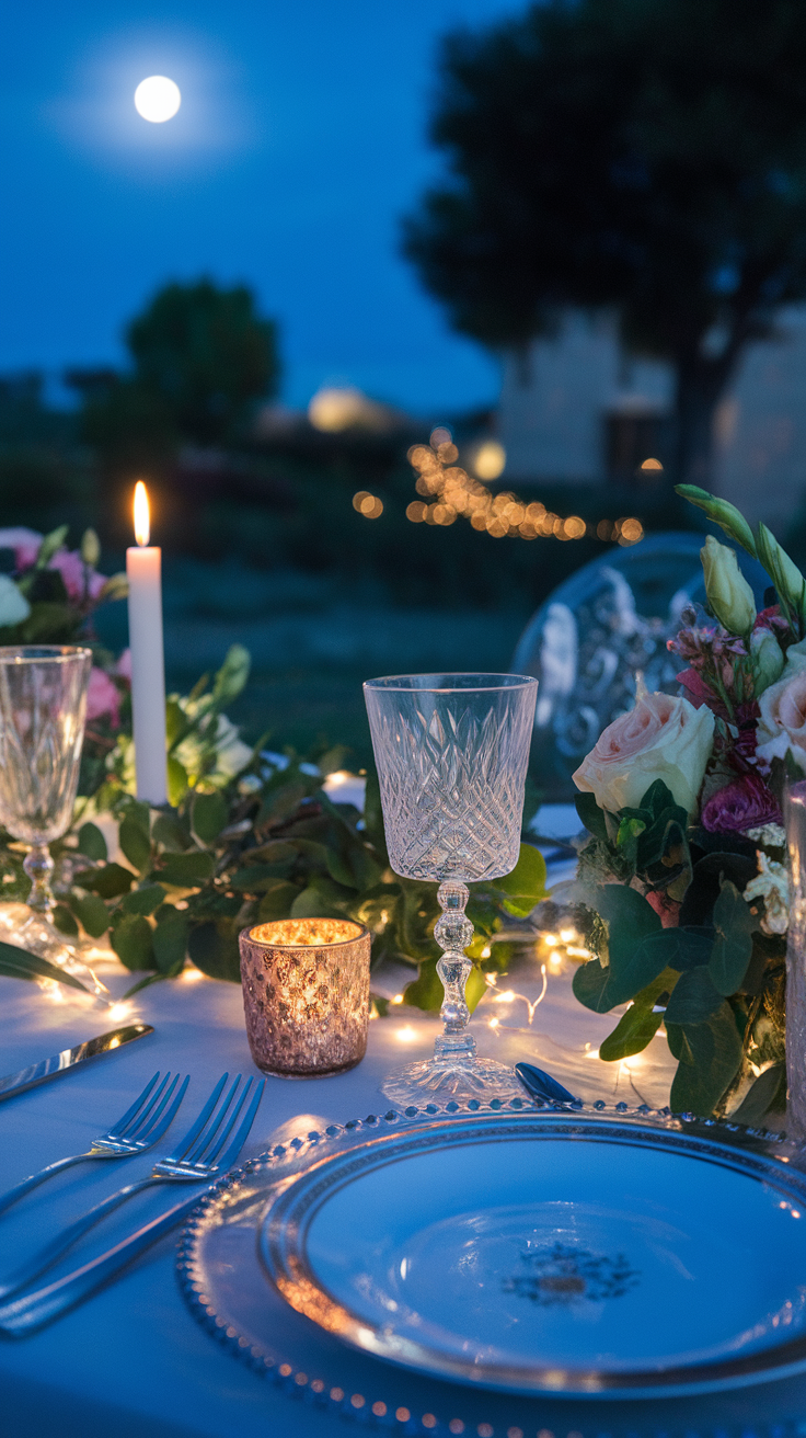 A beautifully set dinner table under the moonlight with candles and flowers.