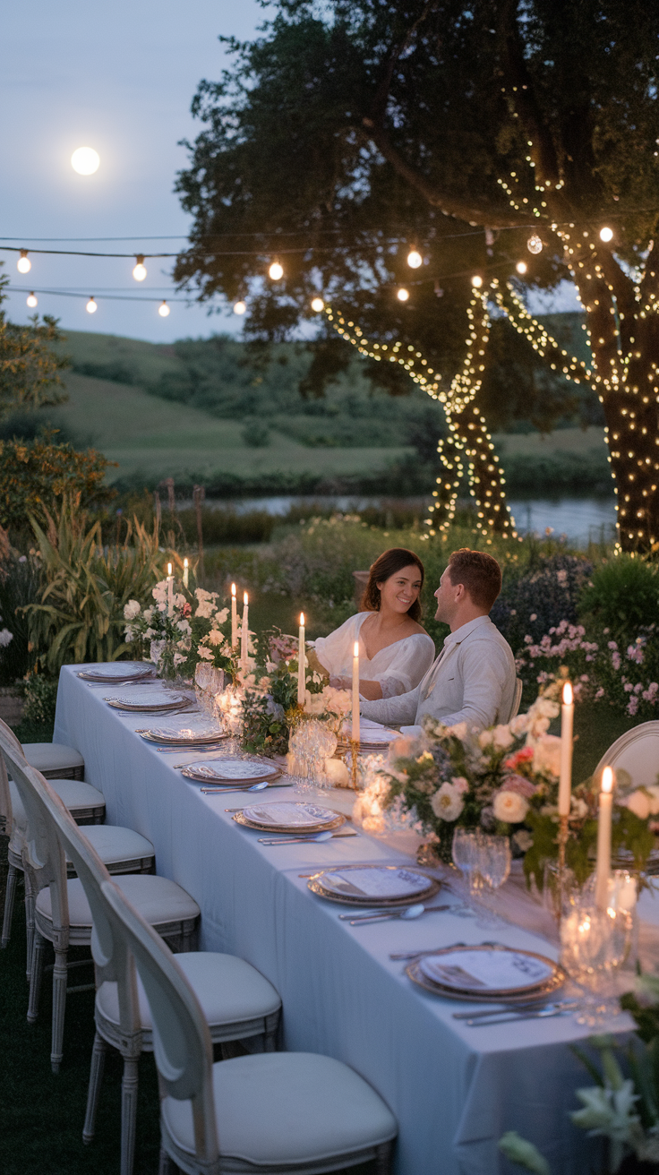 A romantic garden dinner party illuminated by candles and string lights, with a full moon in the background.