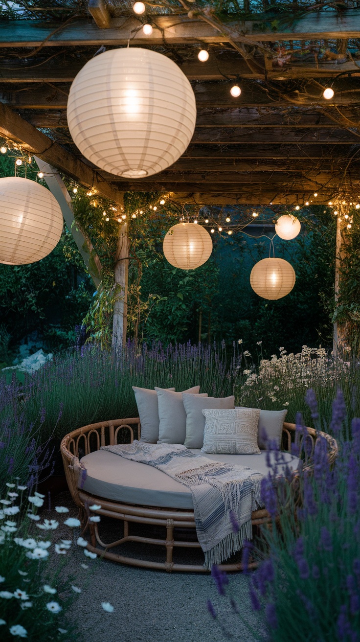 Cozy garden seating area with lanterns, surrounded by lavender and daisies