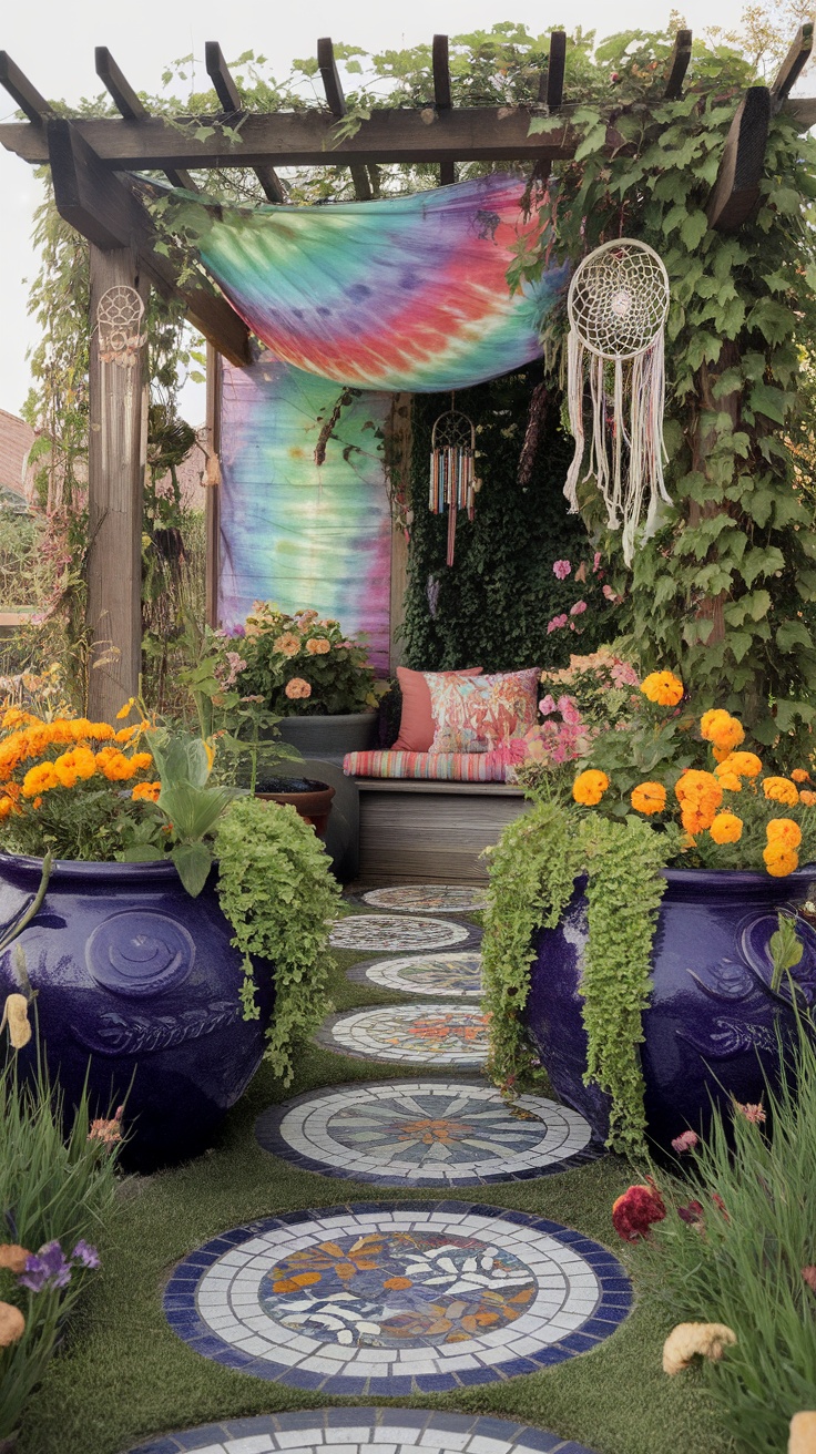 A vibrant garden with a mosaic pathway, colorful flower pots, and a cozy seating area decorated with tie-dye fabric.